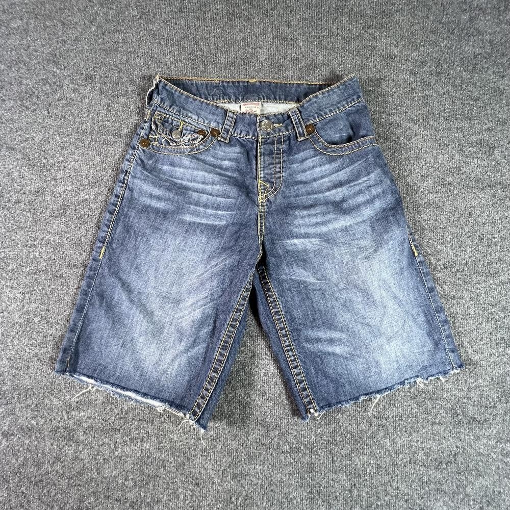True Religion Bermuda Short Men's 30 Blue Cotton Denim Frayed-Hem Faded Workwear